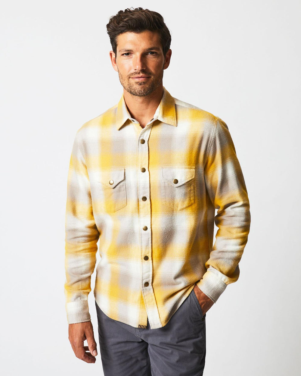 Men Flannel Bold Plaid Western Snap Front Shirt Natural/yellow | Billy Reid Shirting