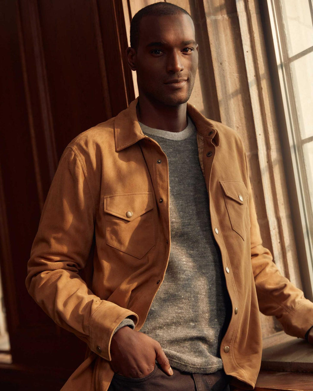 Men Savoy Suede Workshirt Camel | Billy Reid Shirting