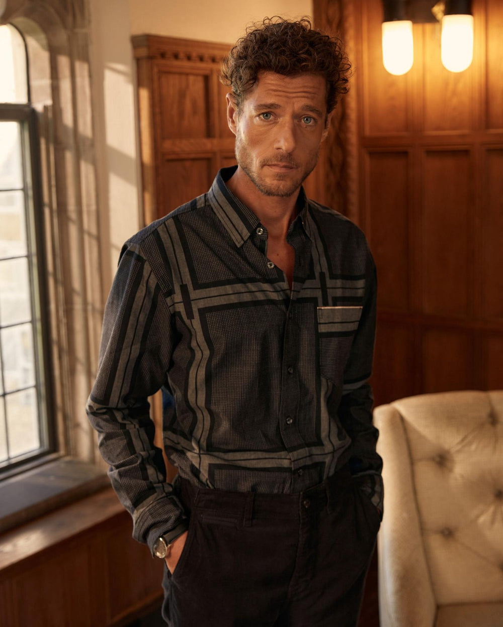 Men Textured Plaid Msl 1-Pocket Shirt Black/dark Brown | Billy Reid Shirting