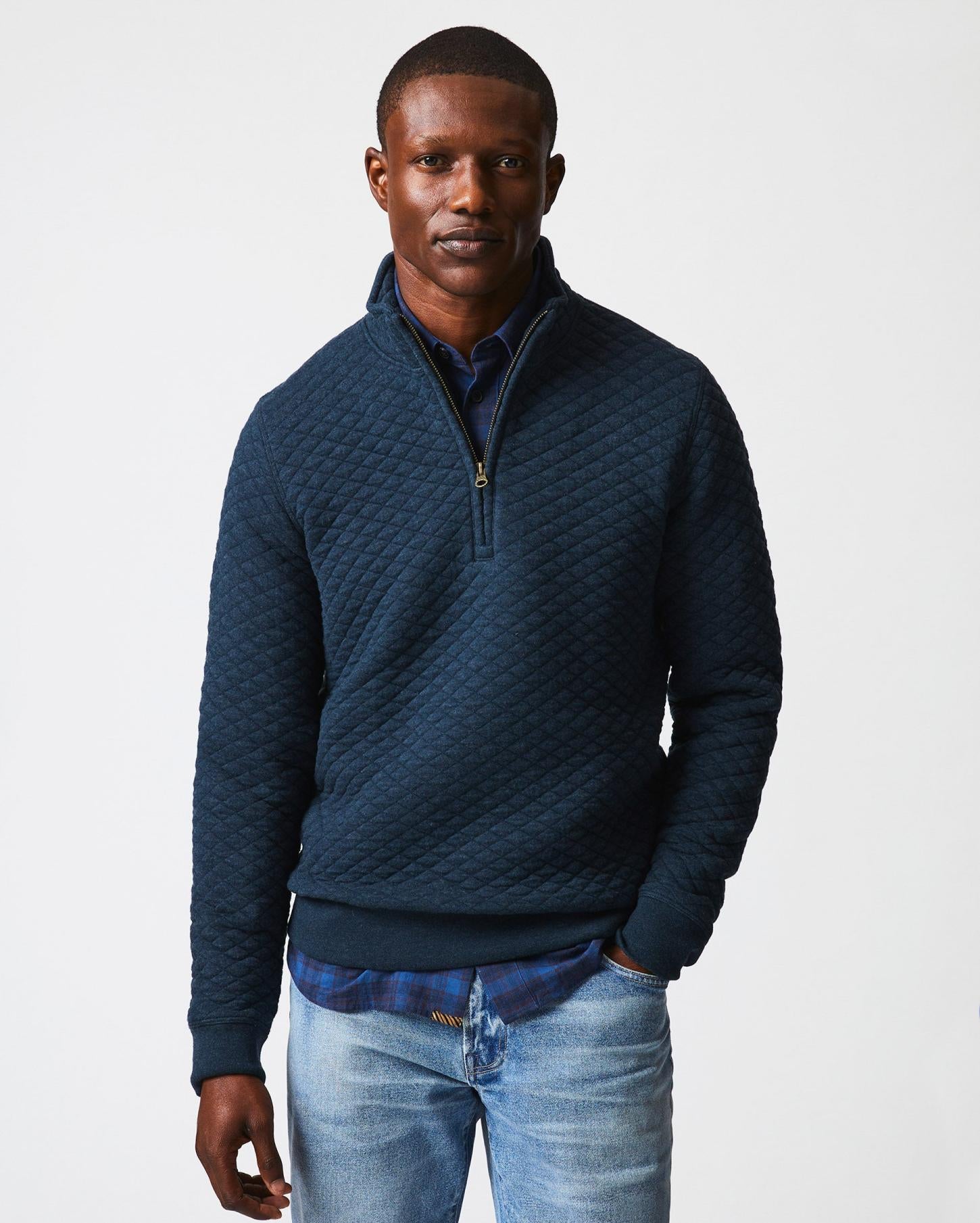 Men Diamond Quilt Half Zip Carbon Blue | Billy Reid Sweaters &amp; Sweatshirts