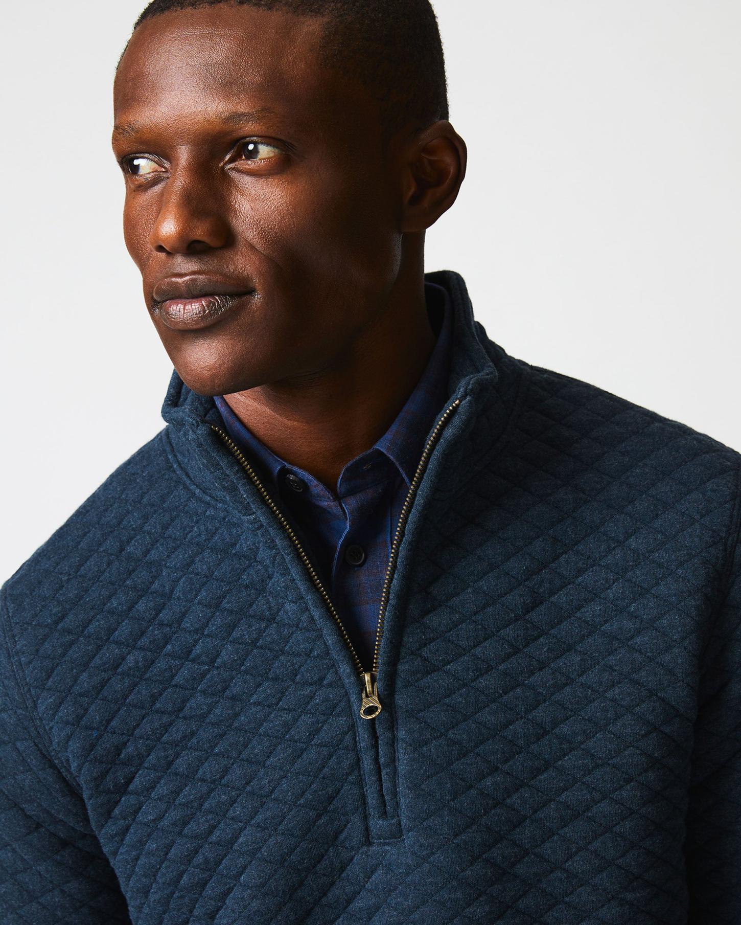 Men Diamond Quilt Half Zip Carbon Blue | Billy Reid Sweaters &amp; Sweatshirts