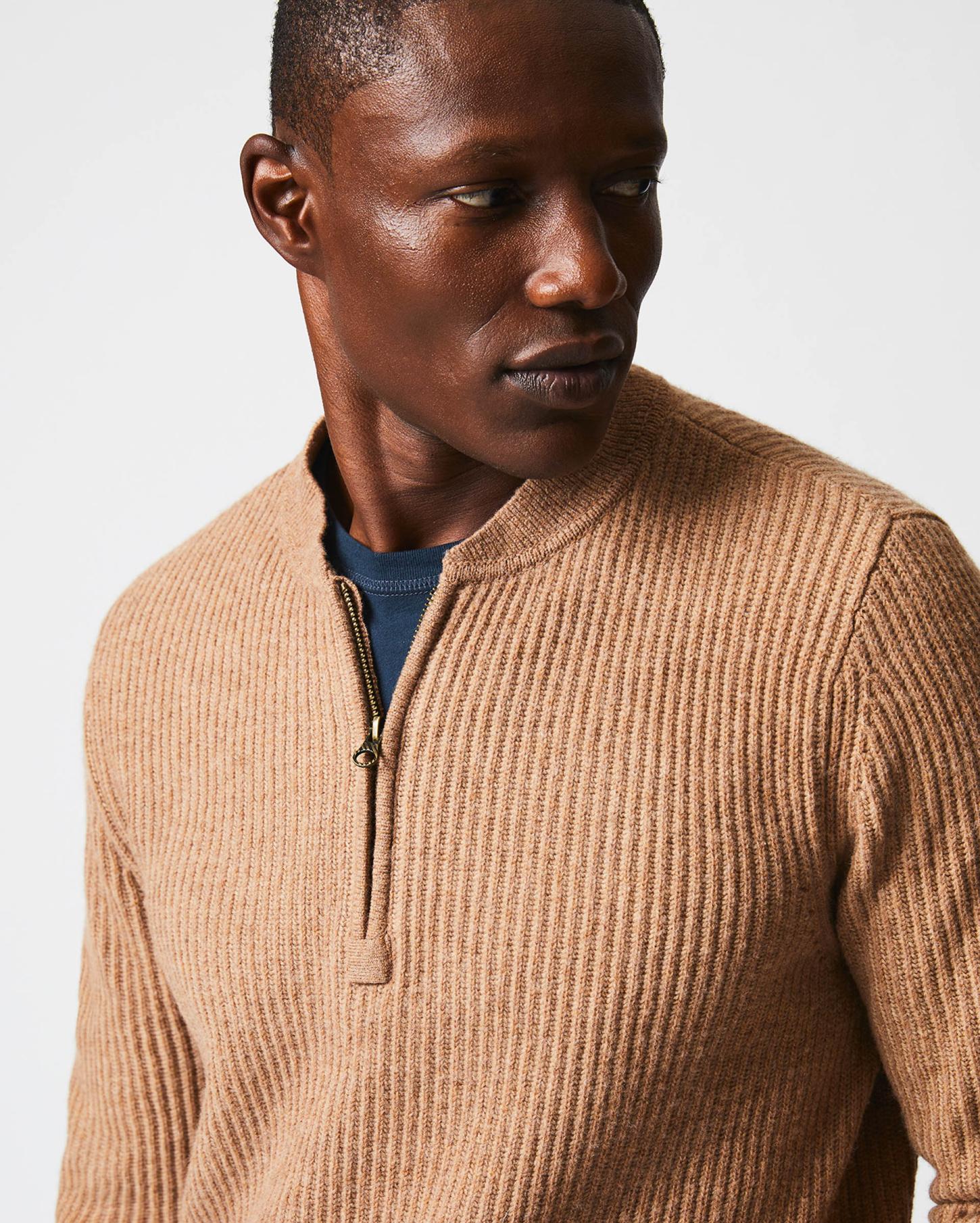 Men Fisherman Rib Half Zip Camel/tan | Billy Reid Sweaters &amp; Sweatshirts