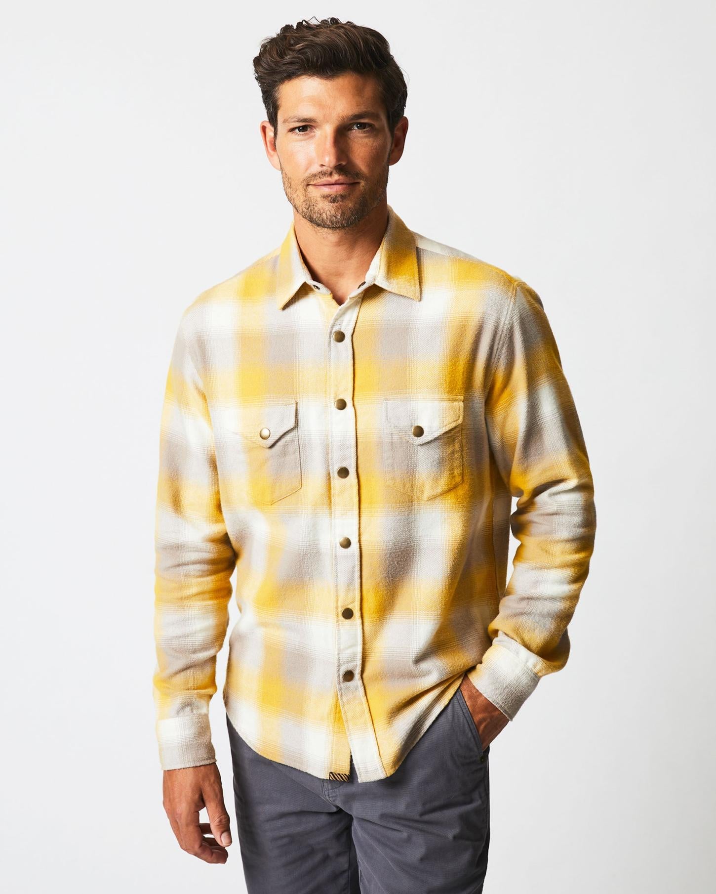 Men Flannel Bold Plaid Western Snap Front Shirt Natural/yellow | Billy Reid Shirting