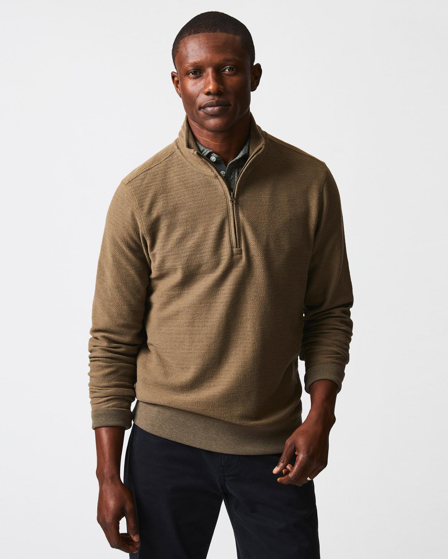 Men Herringbone Half Zip Moss Green | Billy Reid Sweaters &amp; Sweatshirts