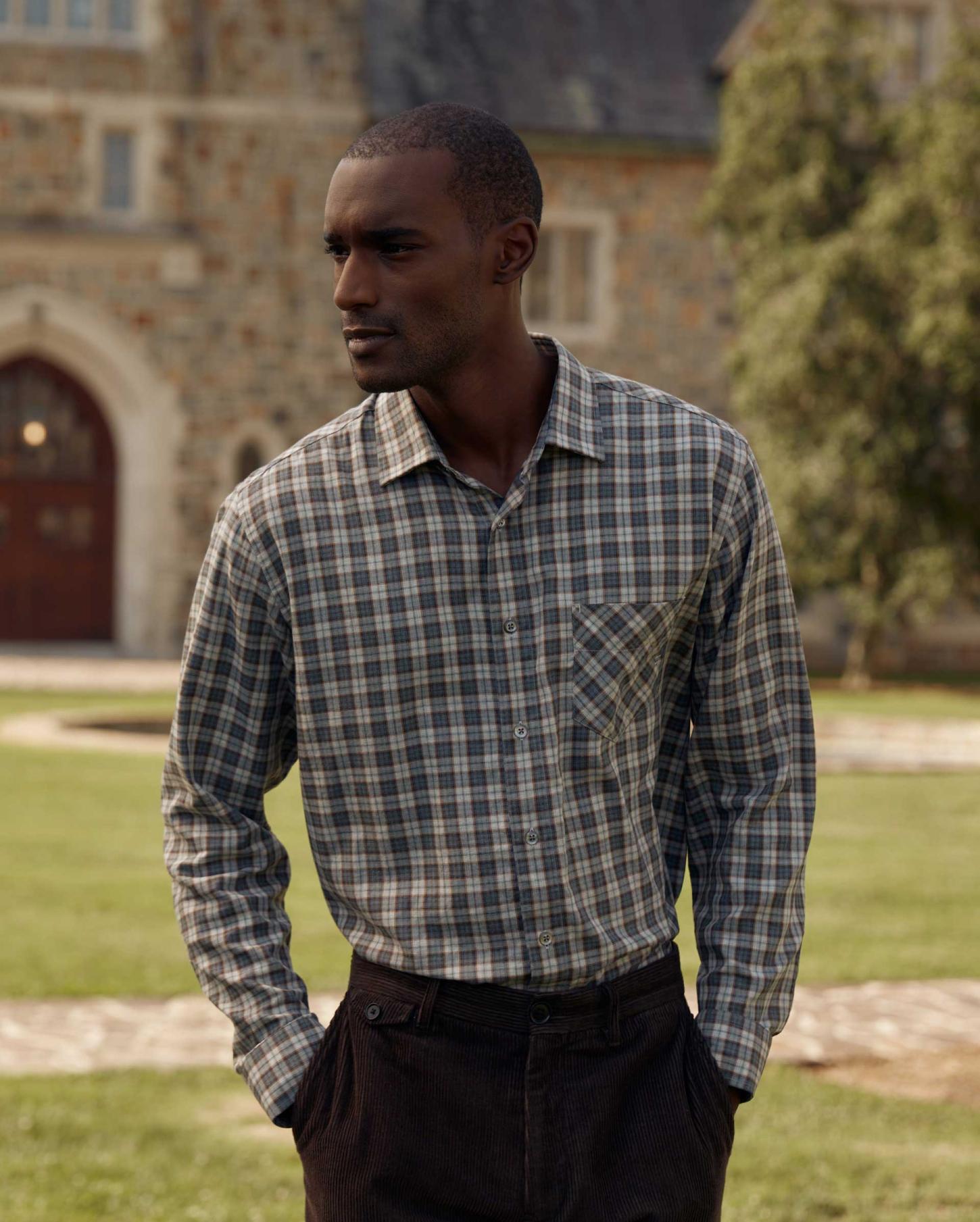 Men Herringbone Plaid John T Shirt Grey/tan | Billy Reid Shirting