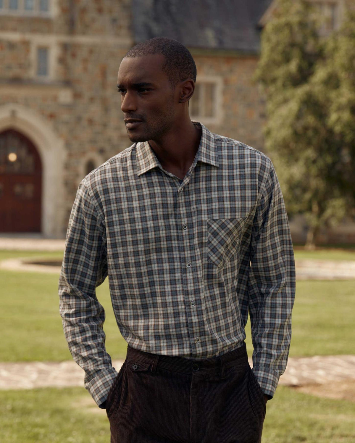 Men Herringbone Plaid John T Shirt Grey/tan | Billy Reid Shirting