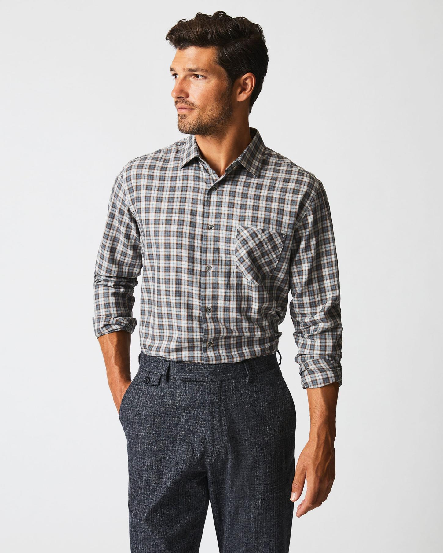 Men Herringbone Plaid John T Shirt Grey/tan | Billy Reid Shirting