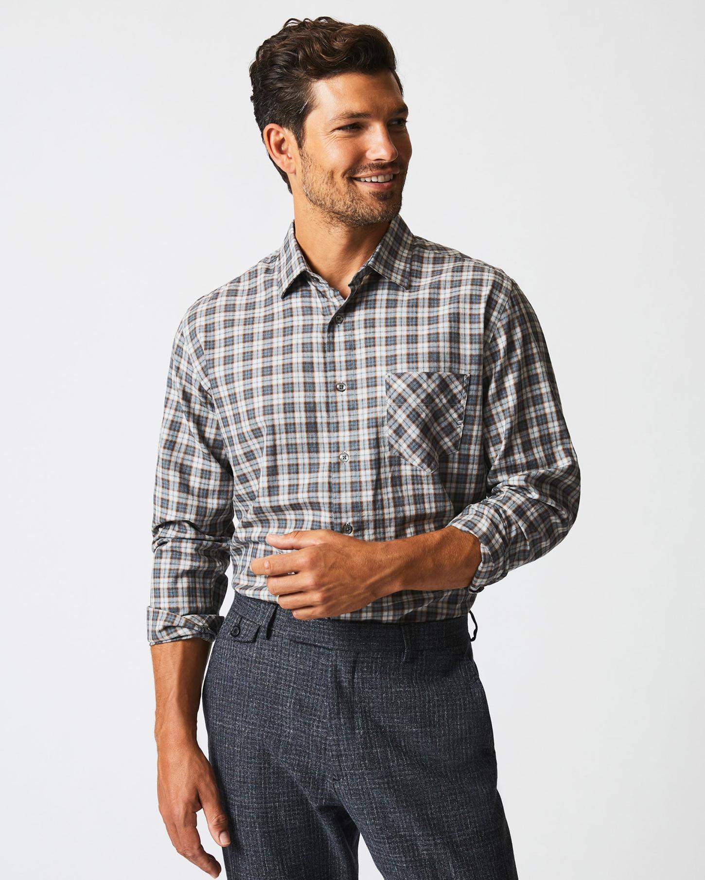 Men Herringbone Plaid John T Shirt Grey/tan | Billy Reid Shirting