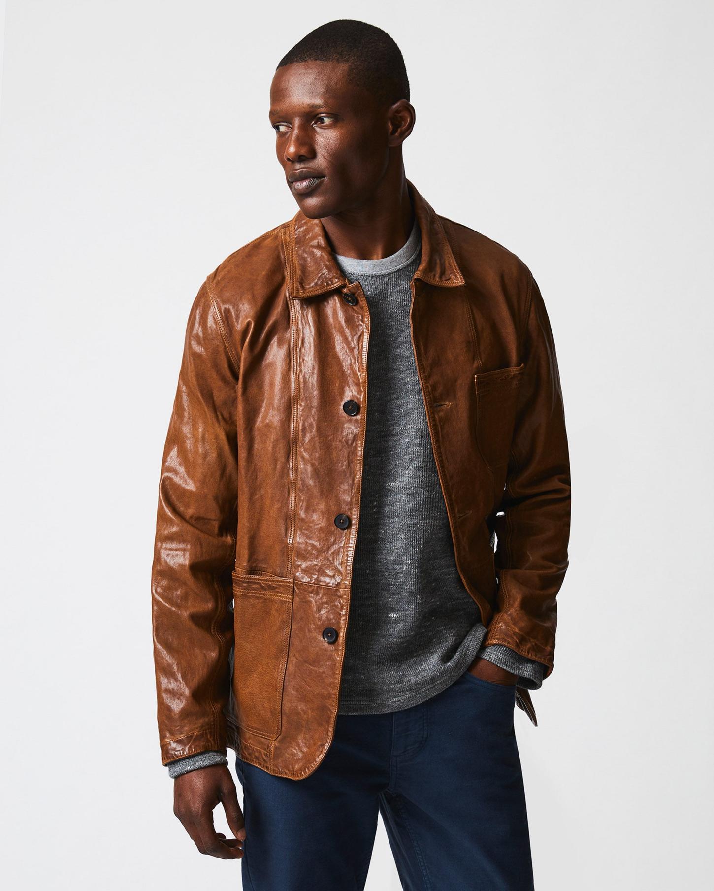 Men Leather Chore Coat Cognac | Billy Reid Jackets &amp; Outerwear