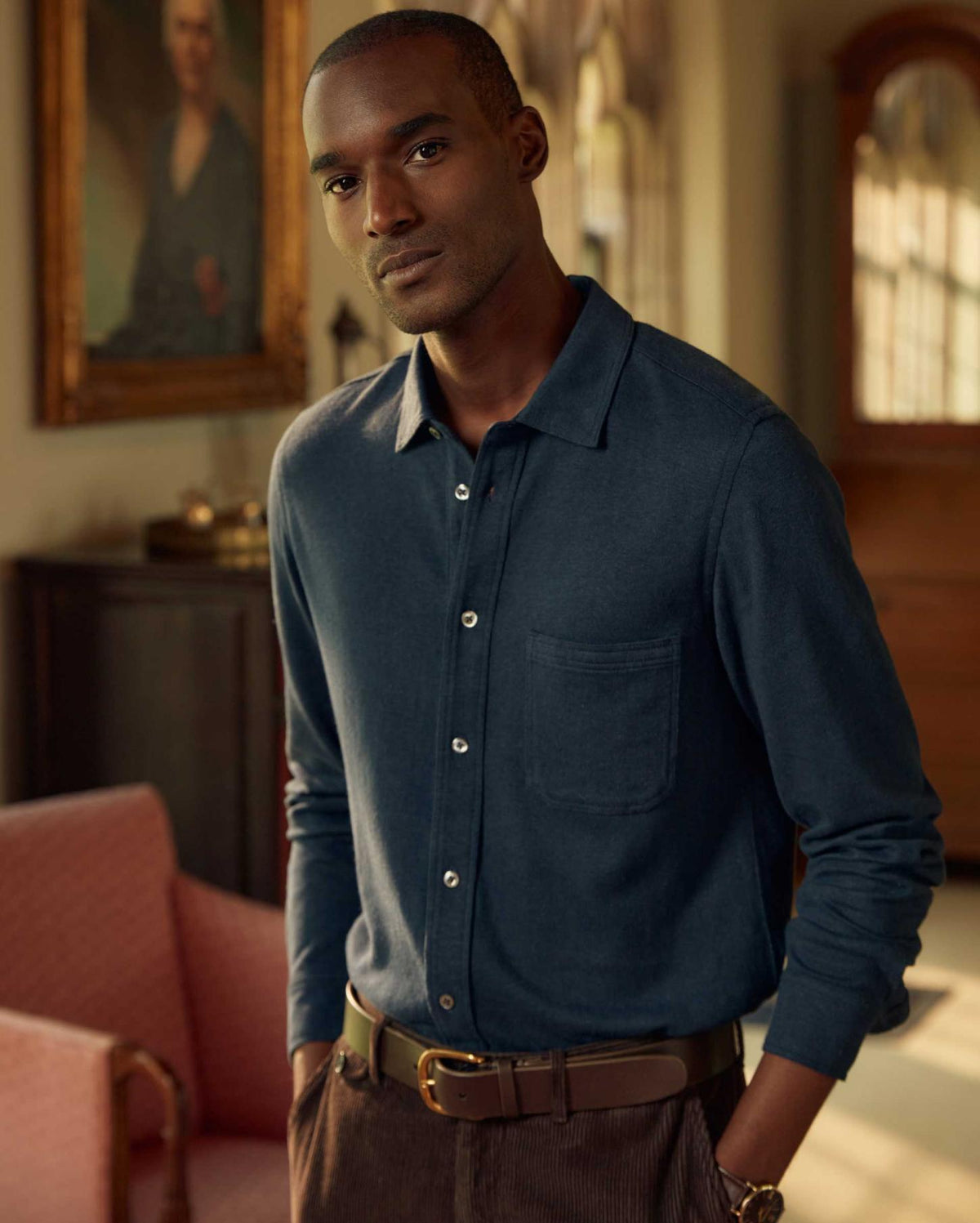 Men L/S Hemp Cotton Knit Shirt Carbon Blue | Billy Reid Shirting