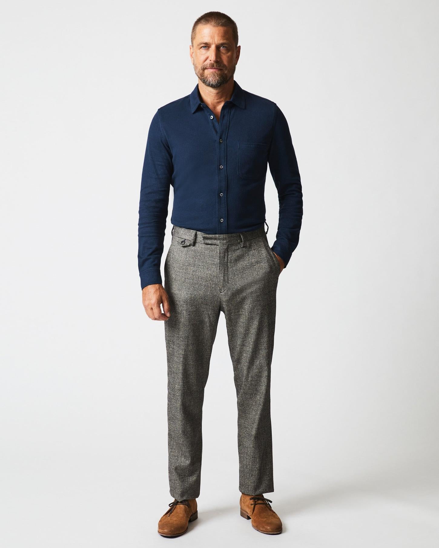 Men L/S Hemp Cotton Knit Shirt Carbon Blue | Billy Reid Shirting