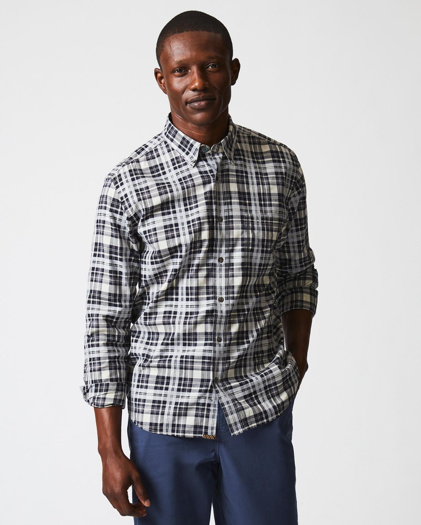 Men Melange Textural Plaid Tuscumbia Shirt Bd Grey/black | Billy Reid Shirting