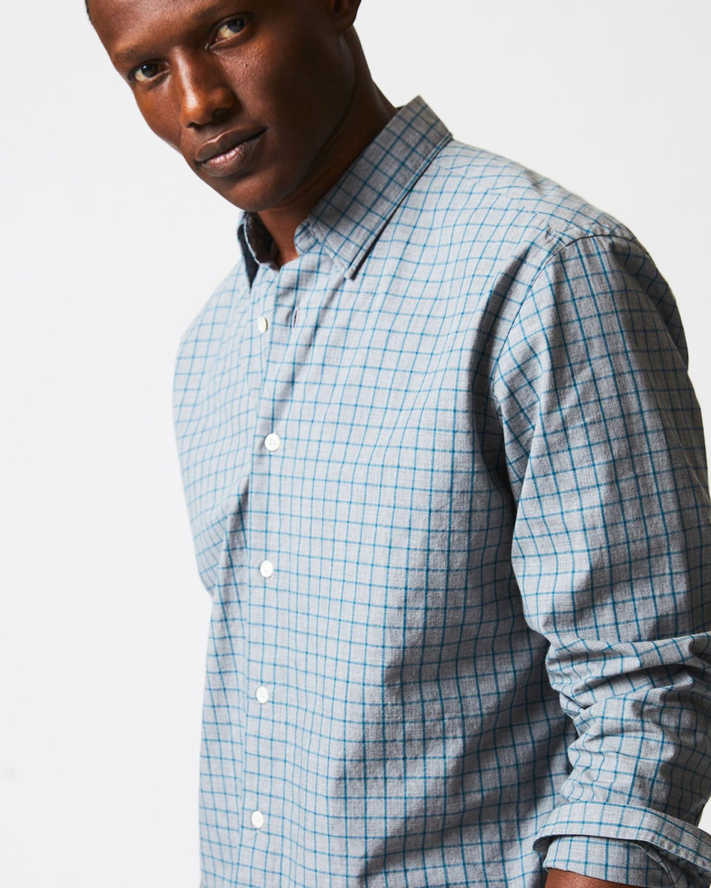 Men Melange Windowpane Tuscumbia Shirt Hidden Bd Grey/teal | Billy Reid Shirting