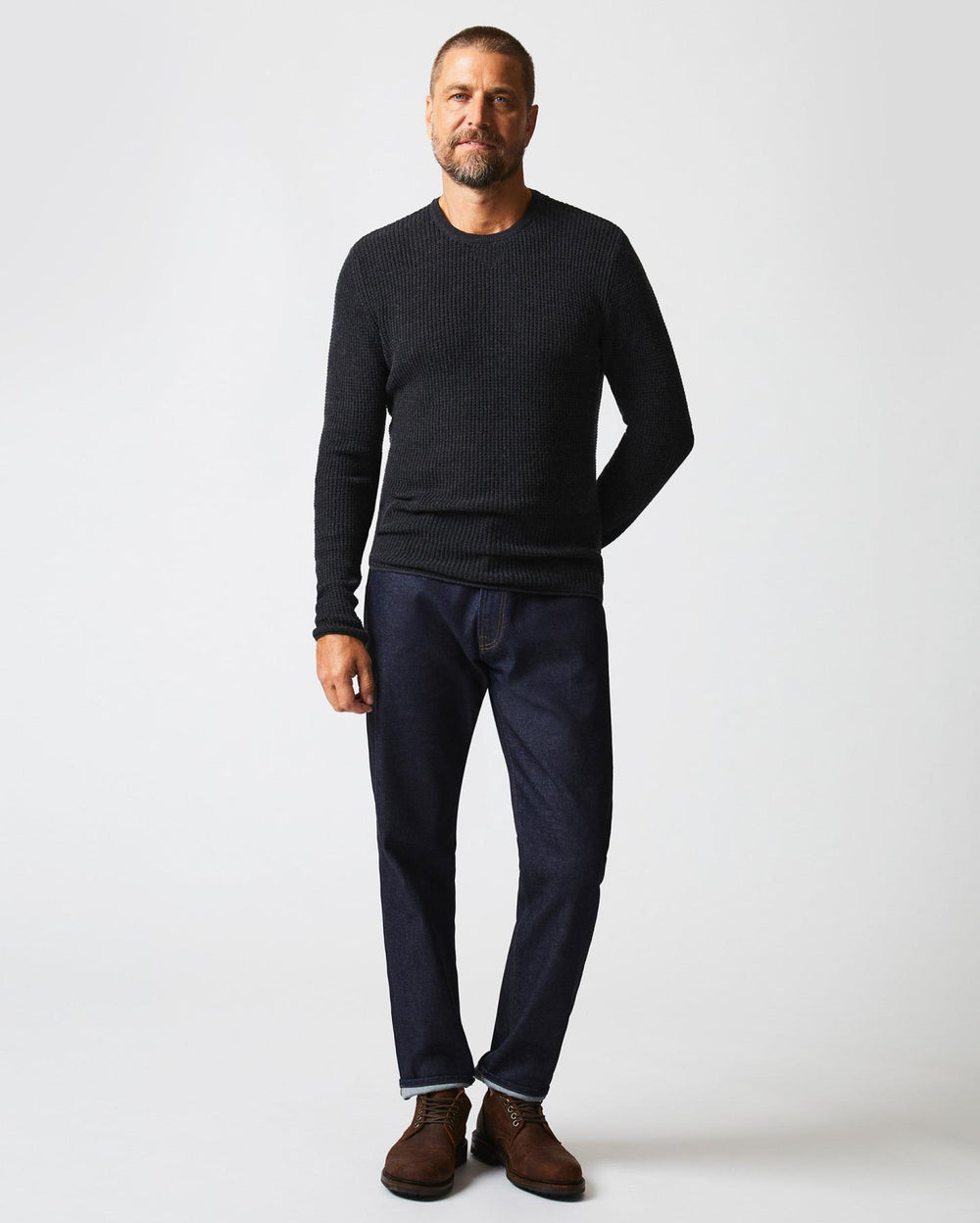 Men Mini Waffle Crew Charcoal | Billy Reid Sweaters &amp; Sweatshirts