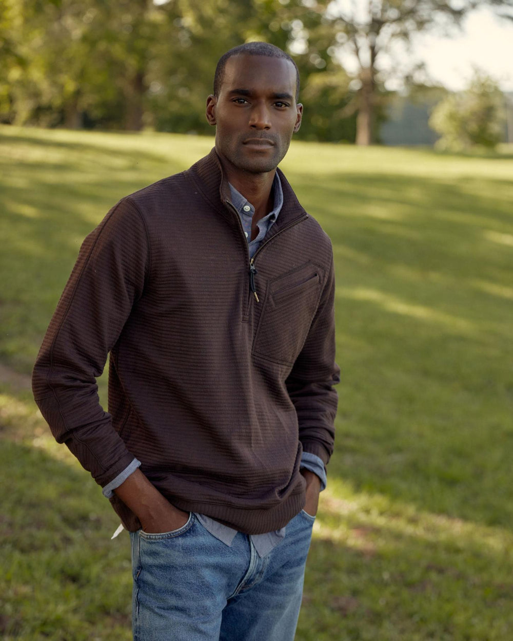 Men Quilted Half Zip Chocolate | Billy Reid Sweaters &amp; Sweatshirts