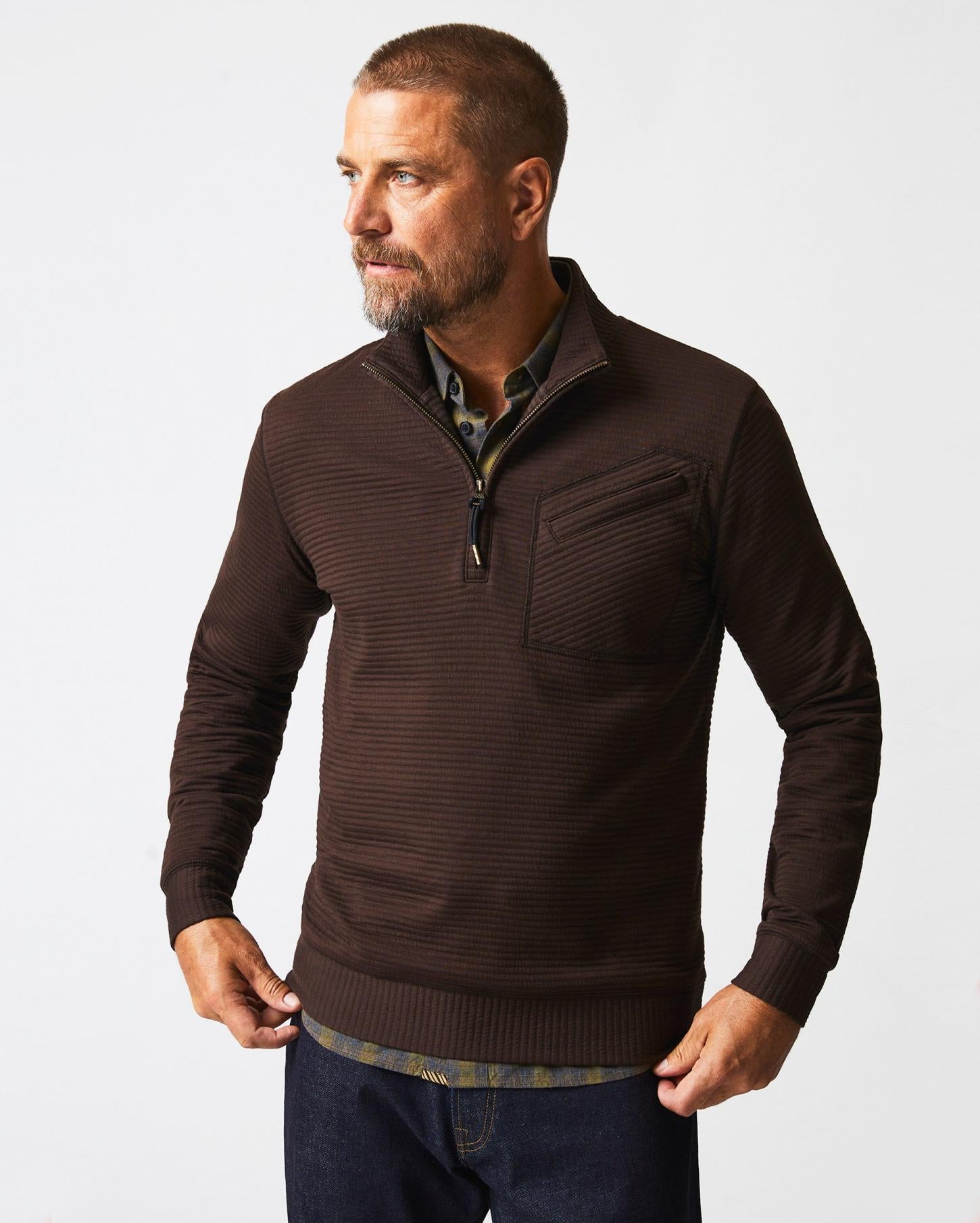 Men Quilted Half Zip Chocolate | Billy Reid Sweaters &amp; Sweatshirts