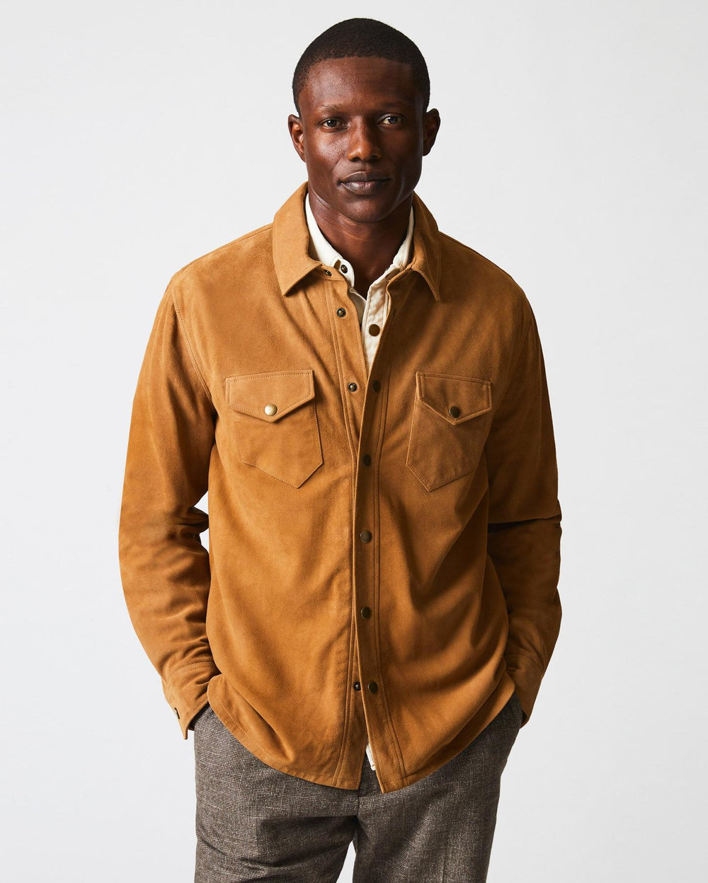 Men Savoy Suede Workshirt Camel | Billy Reid Shirting
