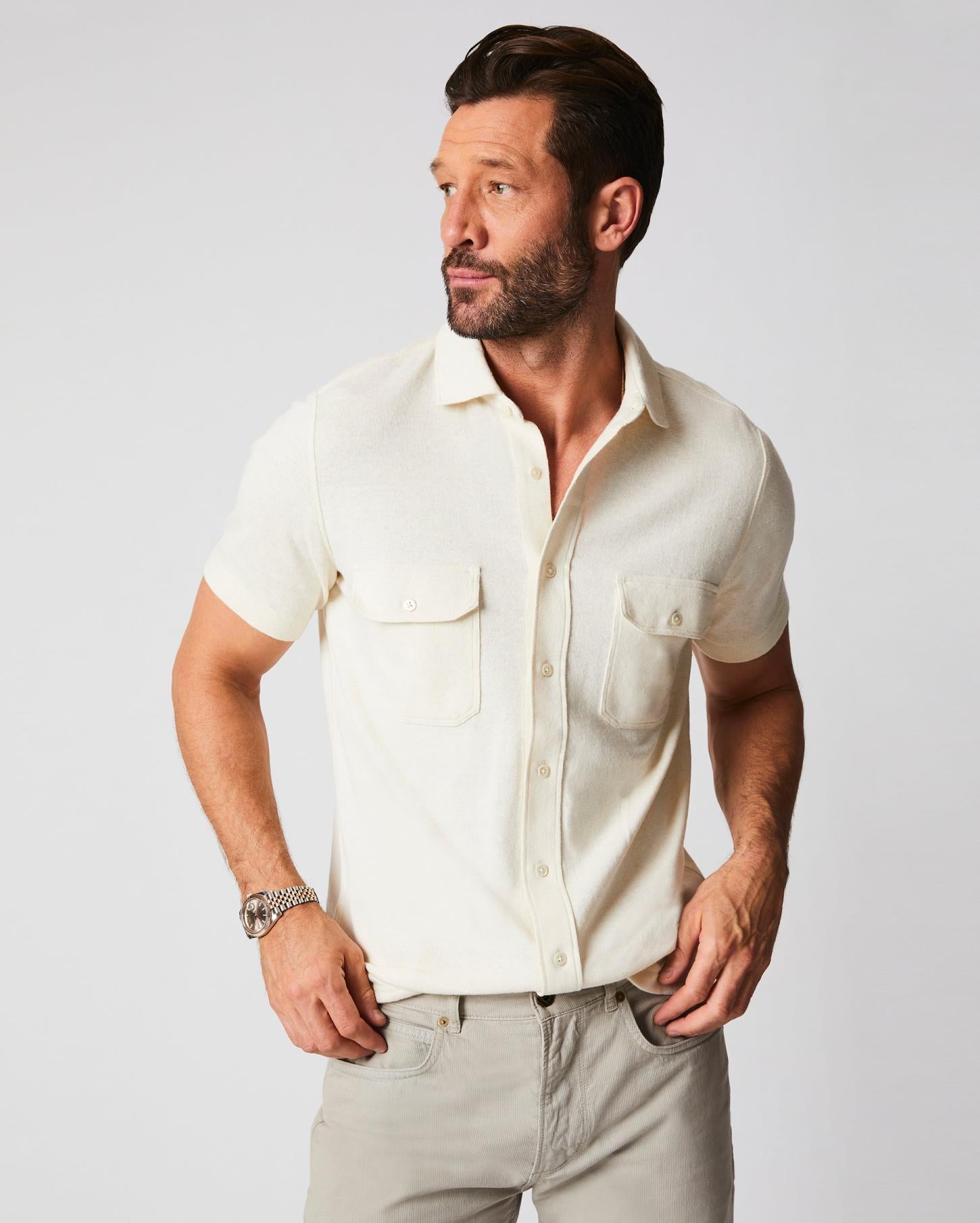 Men S/S Hemp Cotton Knit Shirt Tinted White | Billy Reid Shirting