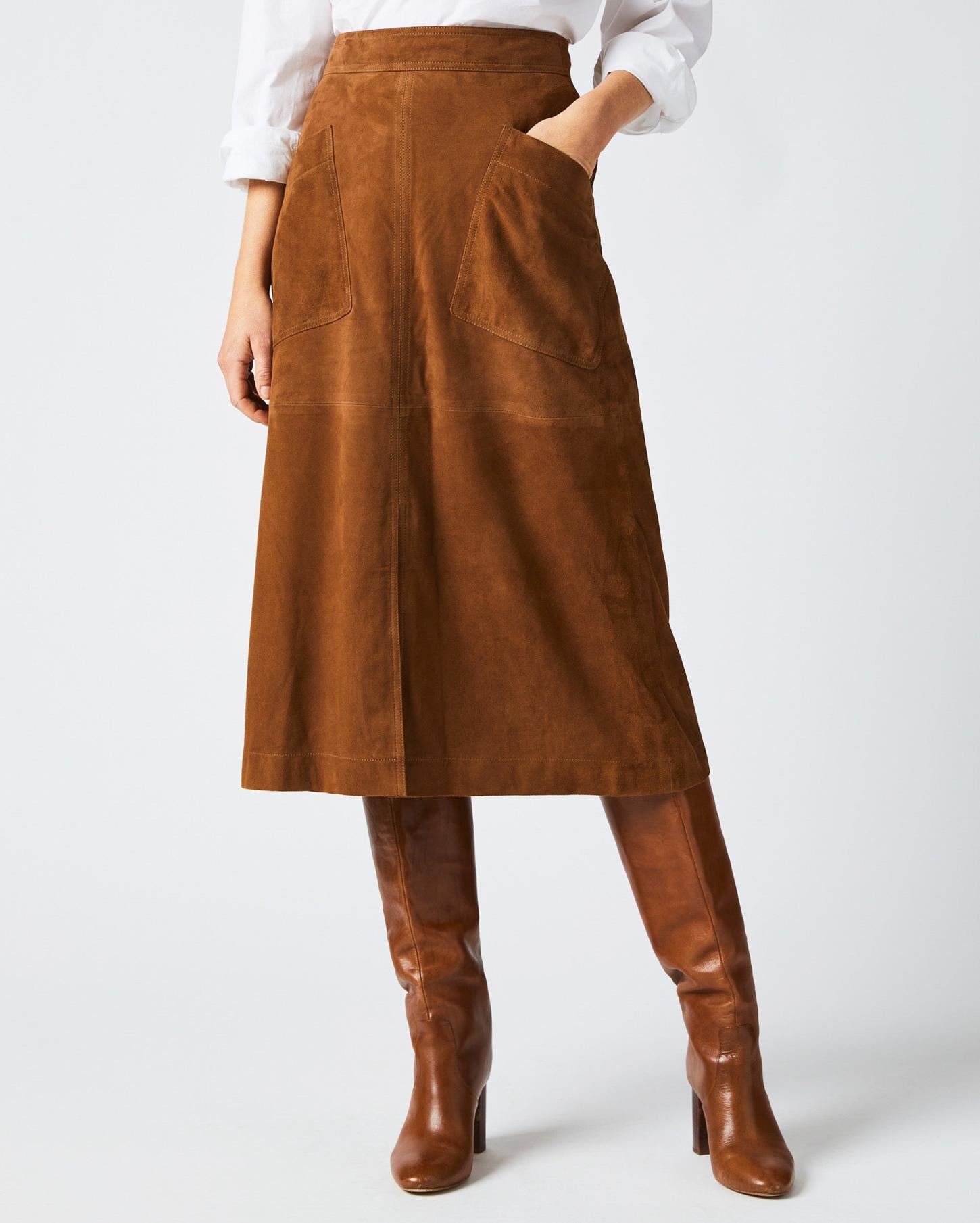 Women A-Line Suede Skirt Cognac | Billy Reid Bottoms