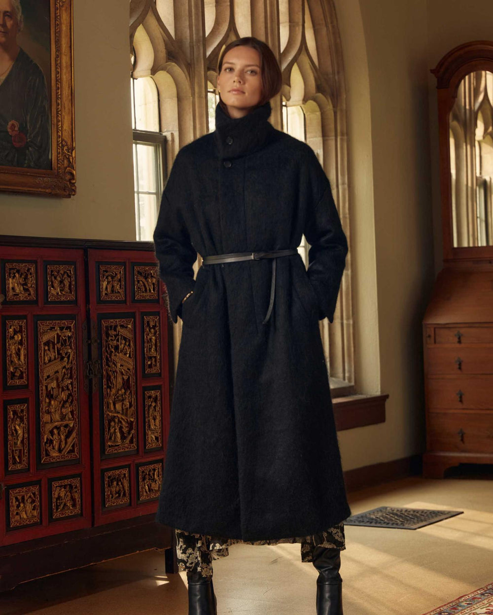 Women Funnel Neck Coat Black | Billy Reid Jackets &amp; Outerwear
