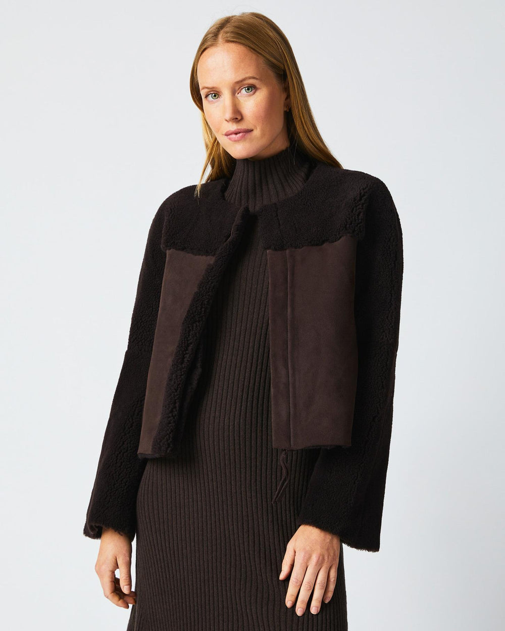 Women Short Shearling Jacket Coffee Bean | Billy Reid Jackets &amp; Outerwear