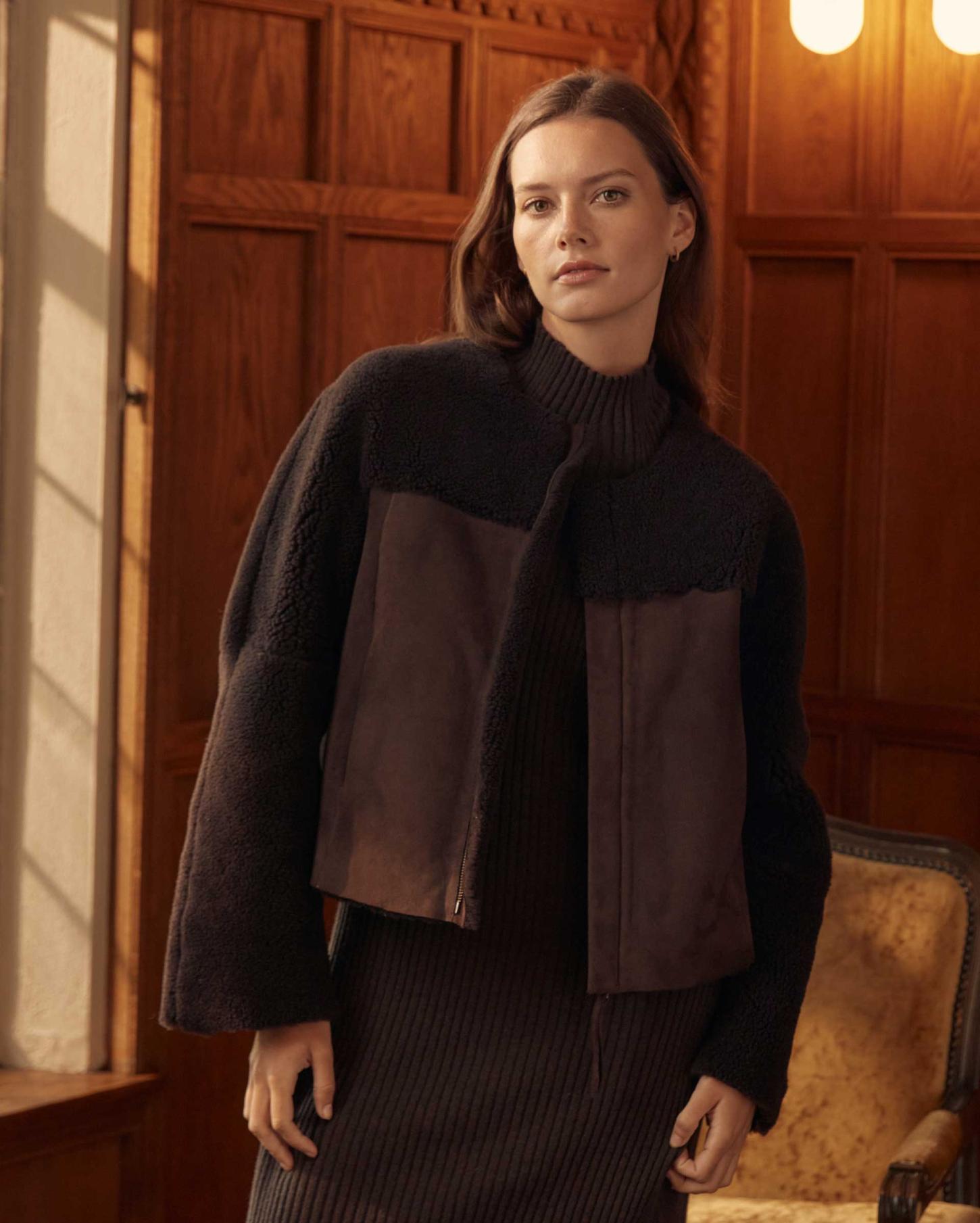 Women Short Shearling Jacket Coffee Bean | Billy Reid Jackets &amp; Outerwear