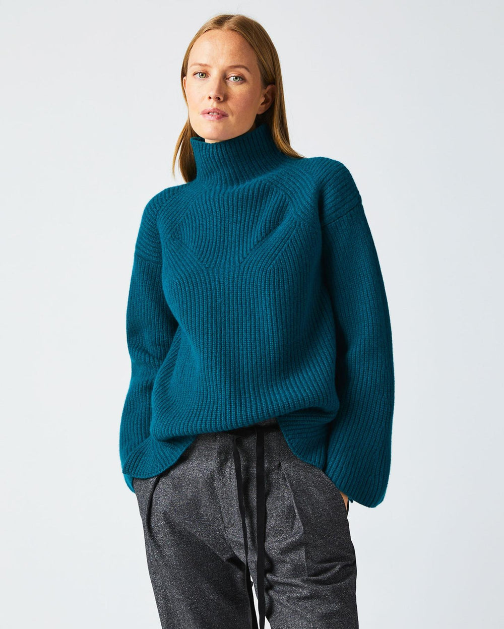 Women Transfer Rib Funnel Sweater Dark Teal | Billy Reid Sweaters &amp; Knits