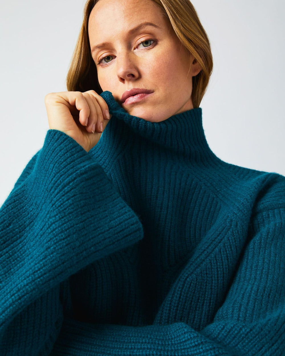 Women Transfer Rib Funnel Sweater Dark Teal | Billy Reid Sweaters &amp; Knits