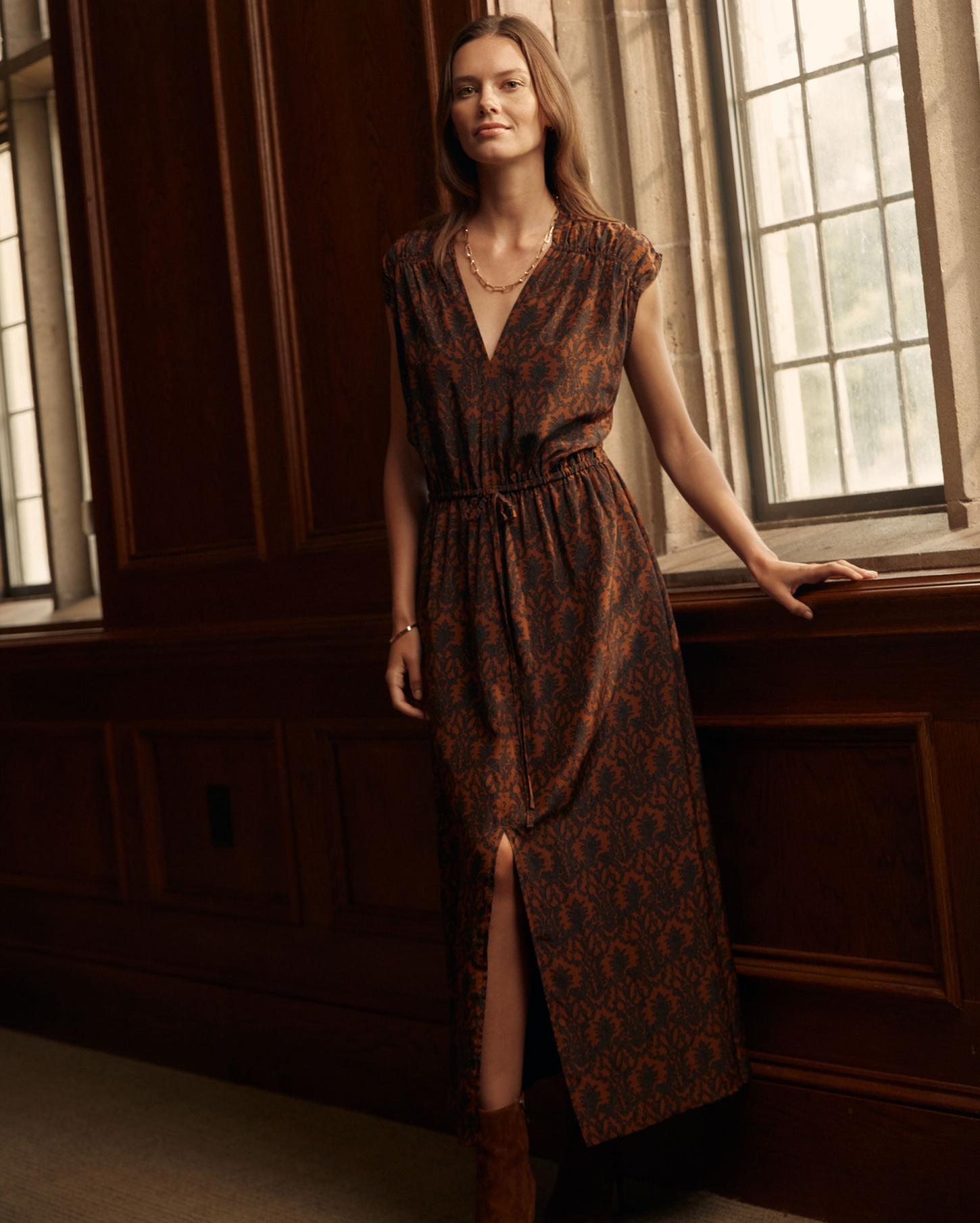 Women V-Neck Maxi Dress Navy/brown | Billy Reid Dresses
