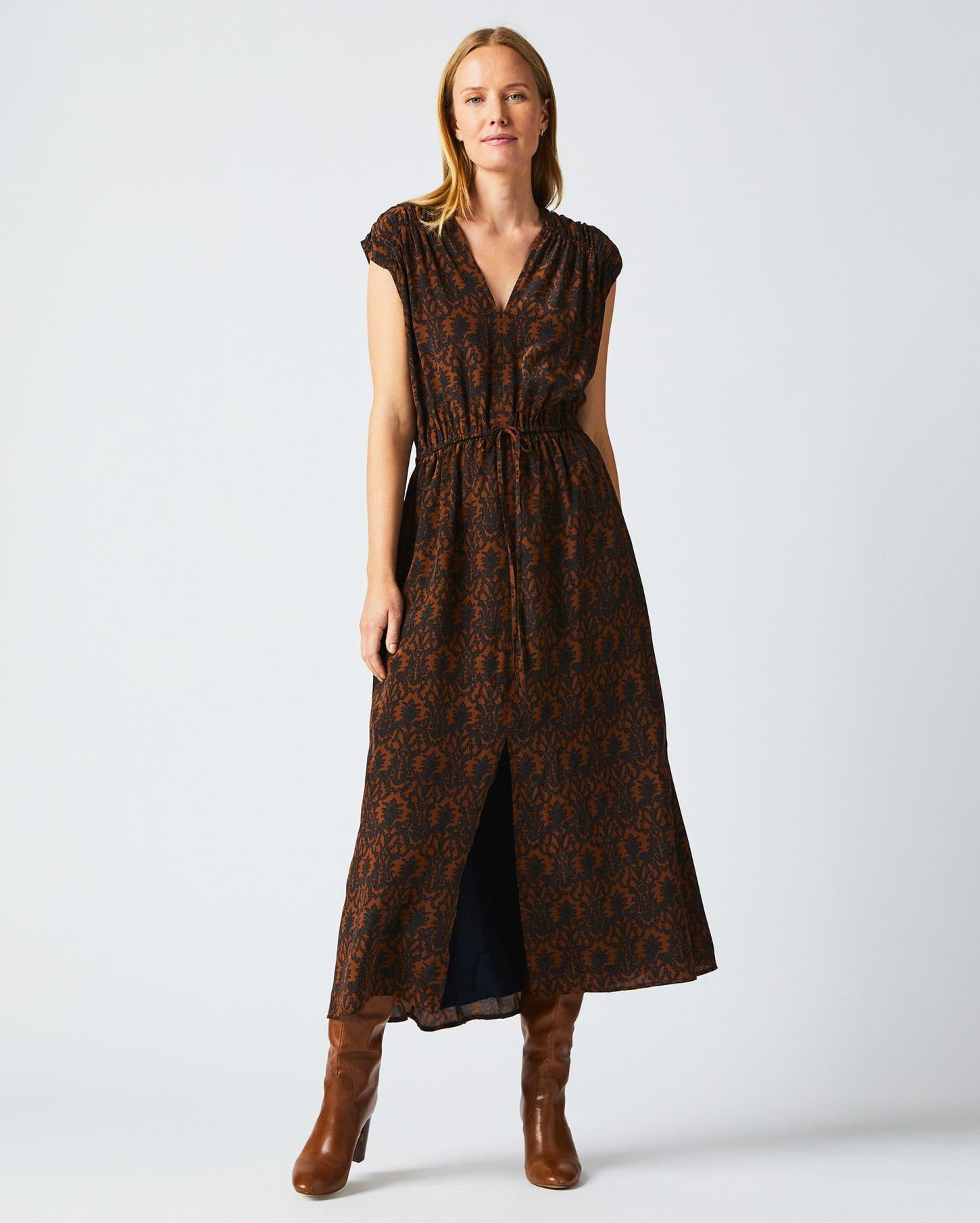 Women V-Neck Maxi Dress Navy/brown | Billy Reid Dresses